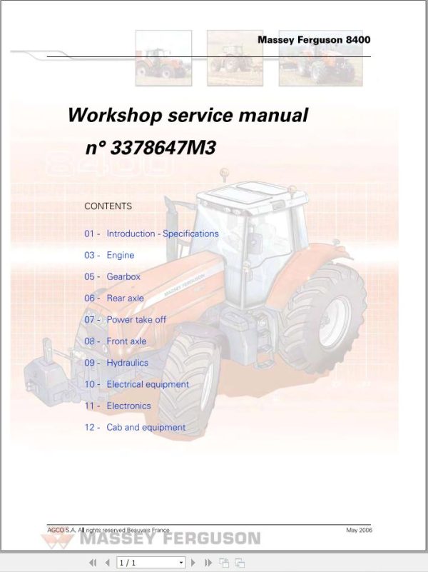 Massey Ferguson Tractor 8450 8460 8470 8480 Workshop Service Manual 3378647M3 1