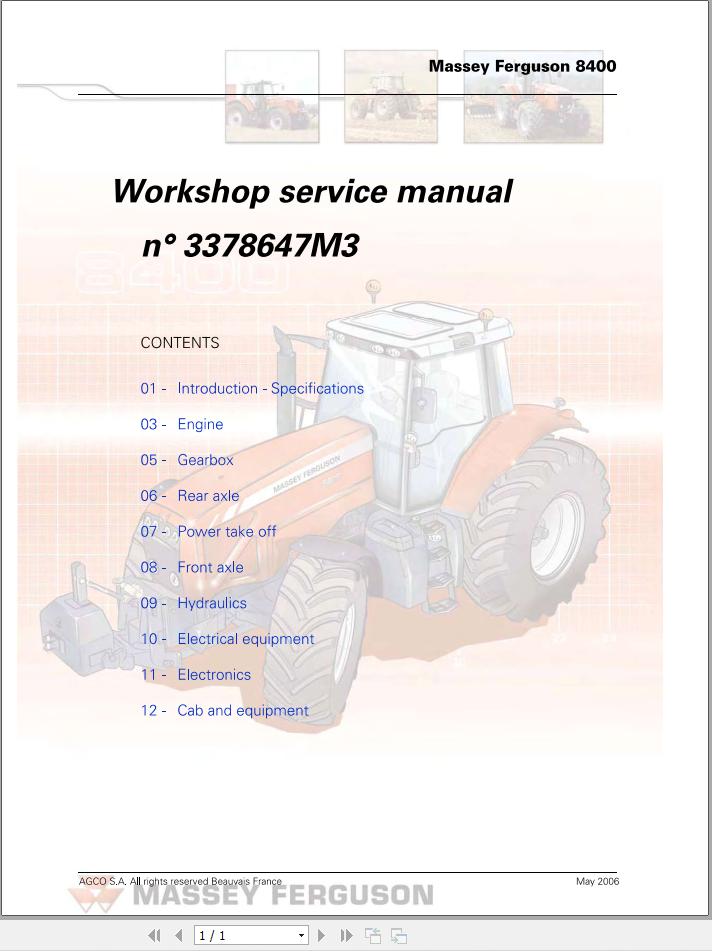 Massey Ferguson Tractor 8450 8460 8470 8480 Workshop Service Manual 3378647M3 1