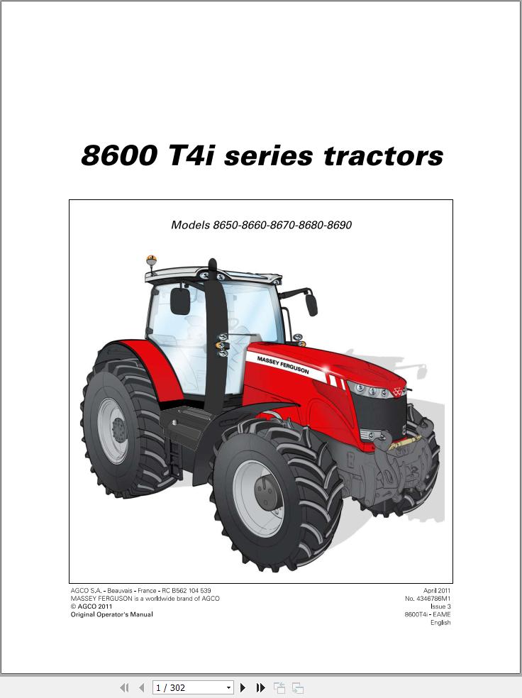 Massey Ferguson Tractor 8600 T4i Series Operator Manual 4346786M1 1