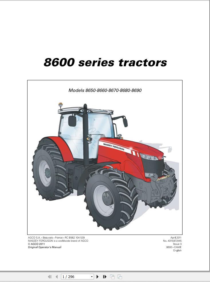 Massey Ferguson Tractor 8650 to 8690 Operator Manual 4315972M5 1