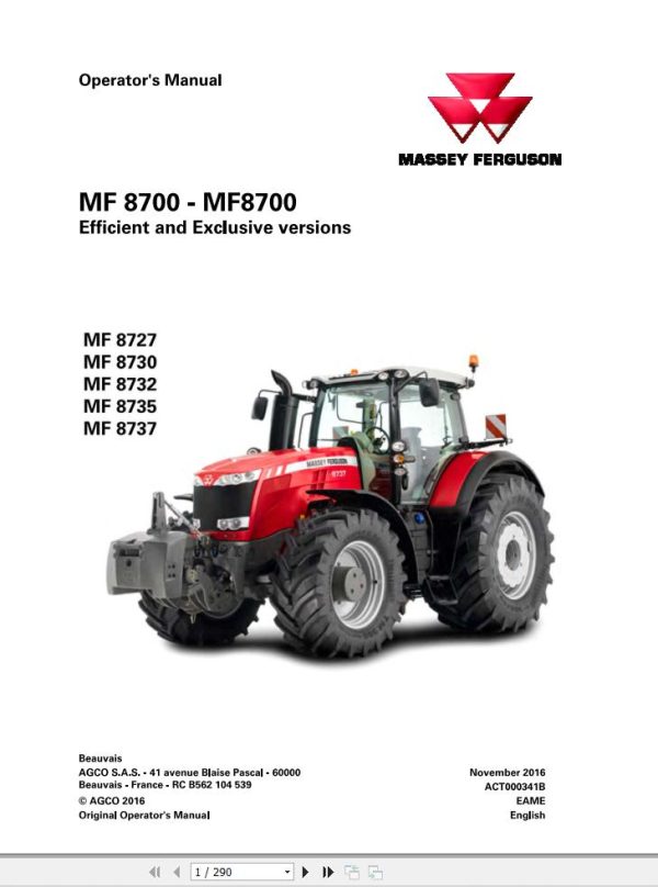 Massey Ferguson Tractor 8727 8730 8732 8735 8737 Operator Manual 1