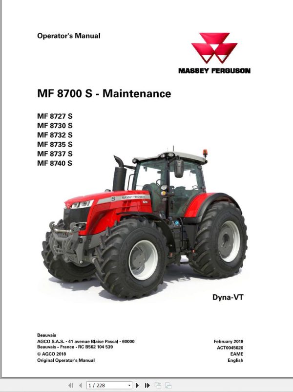 Massey Ferguson Tractor 8727S to 8740S Operator Manual ACT0045020 1