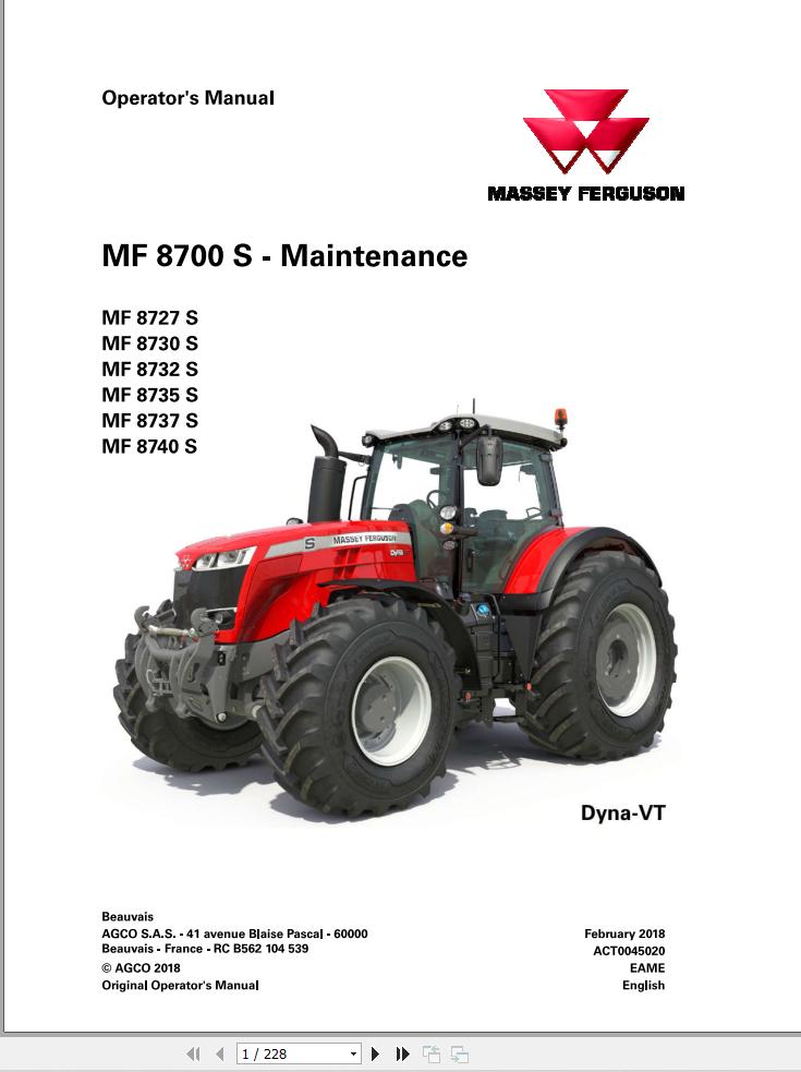 Massey Ferguson Tractor 8727S to 8740S Operator Manual ACT0045020 1