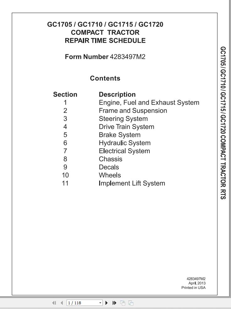Massey Ferguson Tractor GC1705 GC1710 GC1715 GC1720 Repair Time Schedule 4283497M2 1