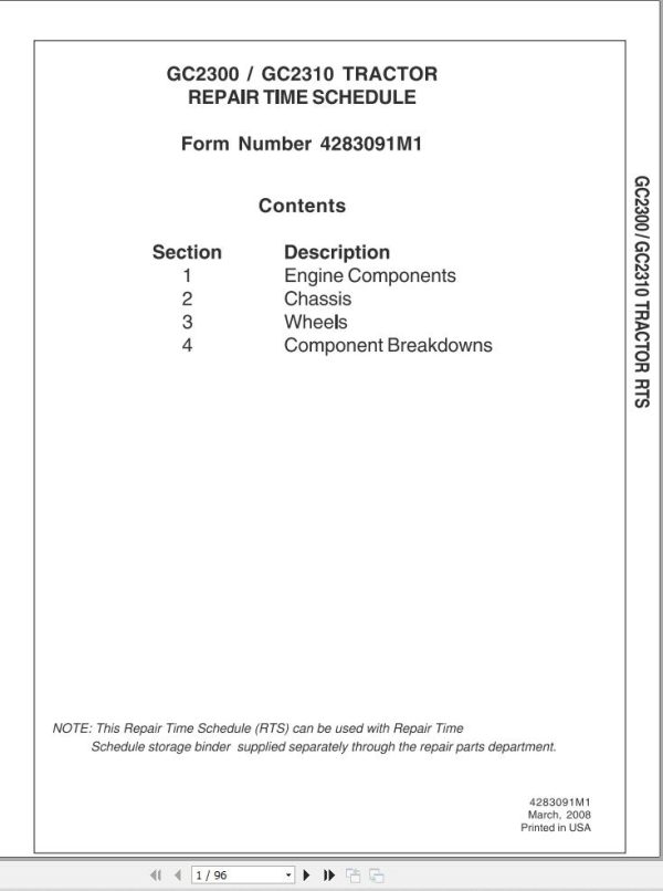 Massey Ferguson Tractor GC2300 GC2310 Repair Time Schedule 4283091M1 1