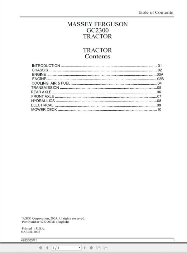 Massey Ferguson Tractor GC2300 Workshop Service Manual 4283003M1 1
