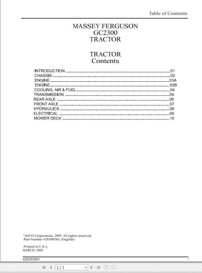 Massey Ferguson Tractor GC2300 Workshop Service Manual 4283003M1 1