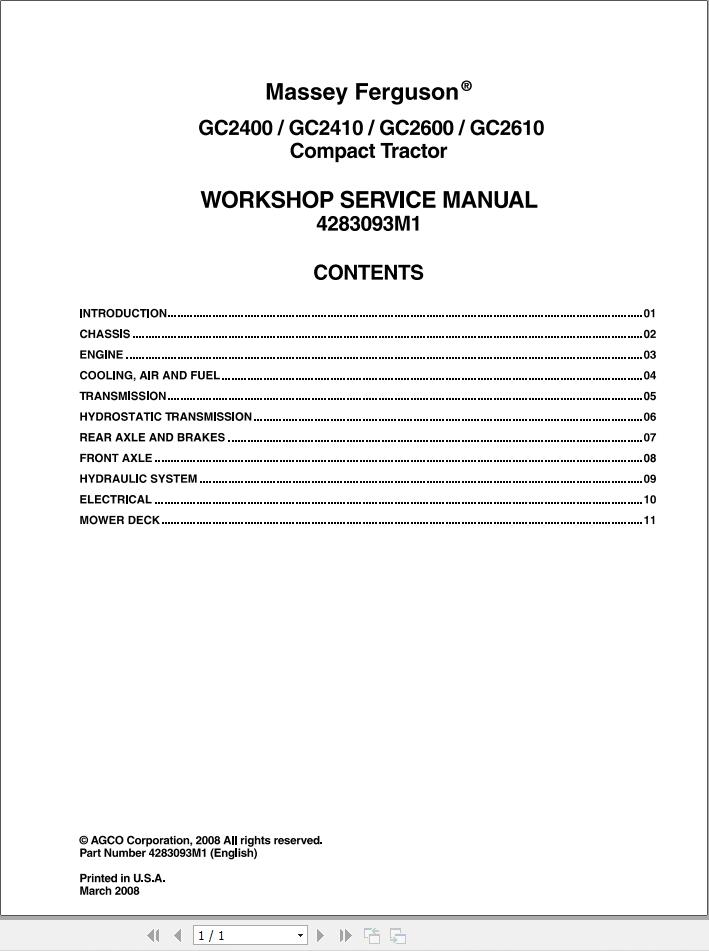 Massey Ferguson Tractor GC2400 to GC2610 Workshop Service Manual 4283093M1 1
