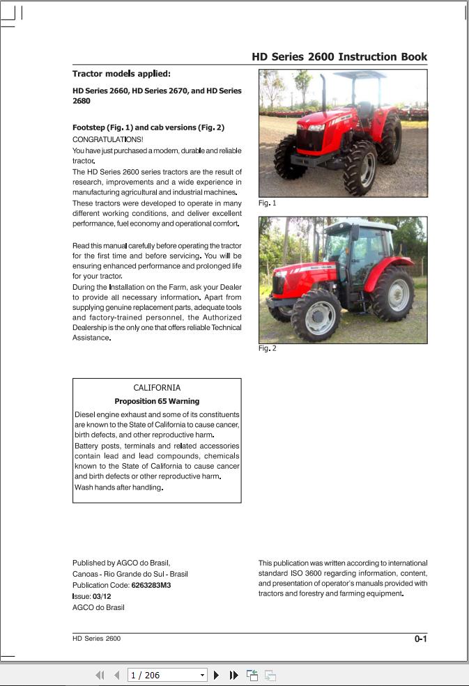 Massey Ferguson Tractor HD Series 2600 Operator Manual 6263283M3 1