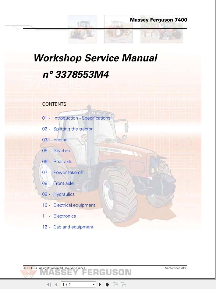 Massey Ferguson Tractor MF 7400 Series Workshop Service Manual 3378553M4 1