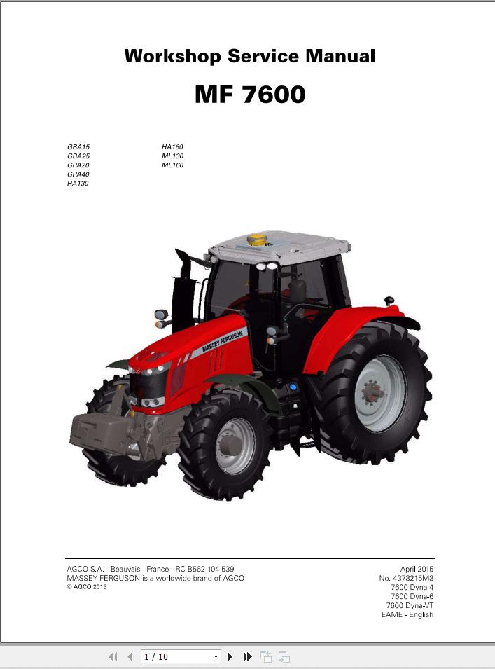 Massey Ferguson Tractor MF 7600 Series Workshop Service Manual 4373215M3 1