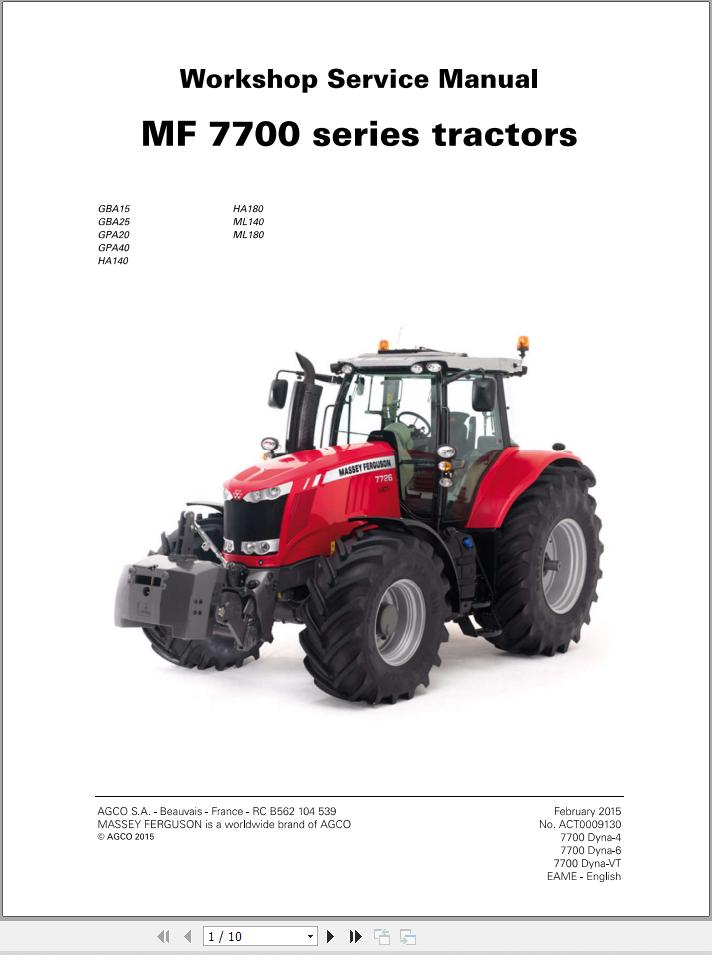 Massey Ferguson Tractor MF 7700 Series Workshop Service Manual ACT0009130 1