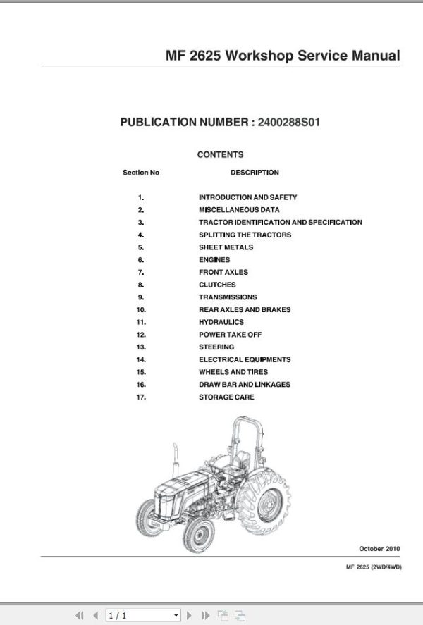 Massey Ferguson Tractor MF2625 Workshop Service Manual 2400288S01 1
