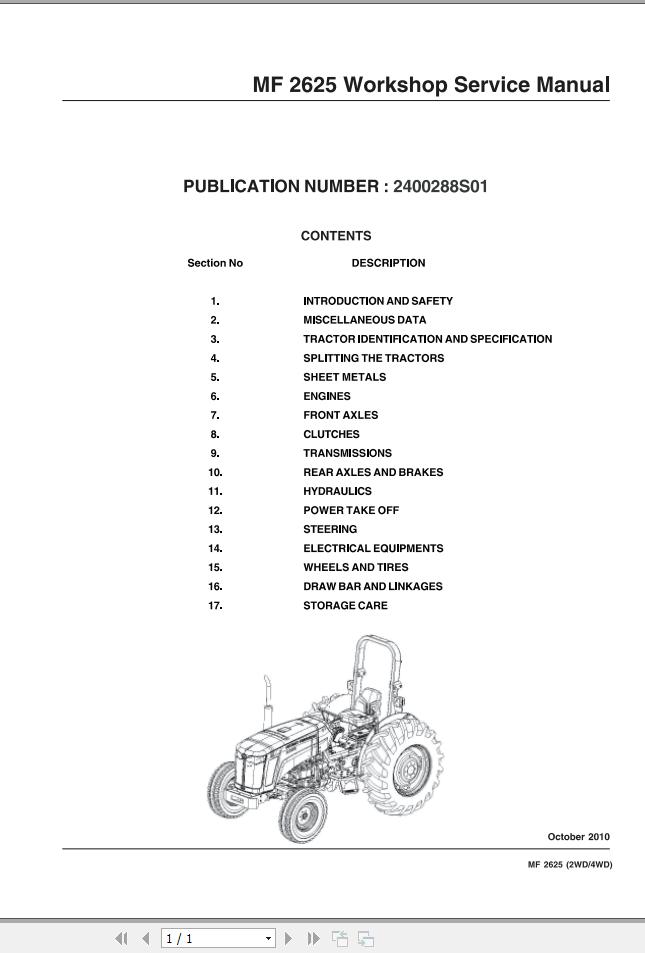 Massey Ferguson Tractor MF2625 Workshop Service Manual 2400288S01 1