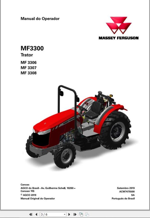 Massey Ferguson Tractor MF3306 MF3307 MF3308 Operator Manual ACW7475500 PT 1