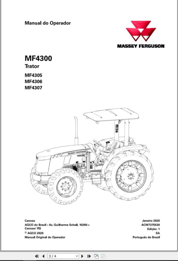 Massey Ferguson Tractor MF4305 MF4306 MF4307 Operator Manual ACW7375530 PT 1