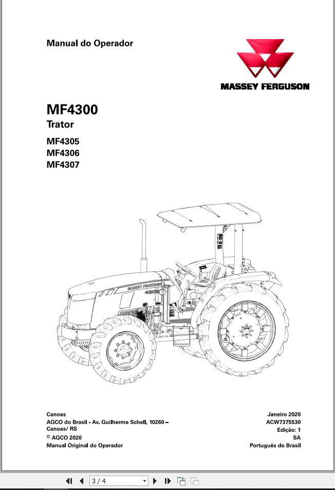 Massey Ferguson Tractor MF4305 MF4306 MF4307 Operator Manual ACW7375530 PT 1