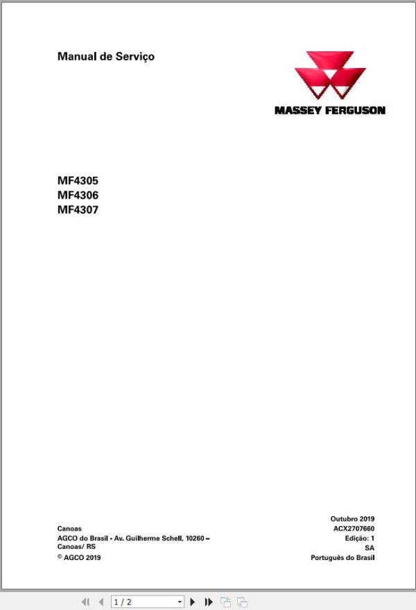 Massey Ferguson Tractor MF4305 MF4306 MF4307 Service Manual ACX2707660 PT 1