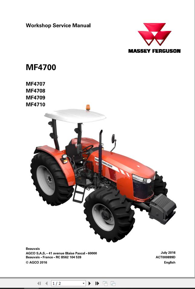 Massey Ferguson Tractor MF4707 MF4708 MF4709 MF4710 Workshop Service Manual ACT000899D 1