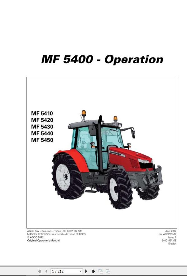 Massey Ferguson Tractor MF5410 to MF5450 Operation Manual 4373019M2 1