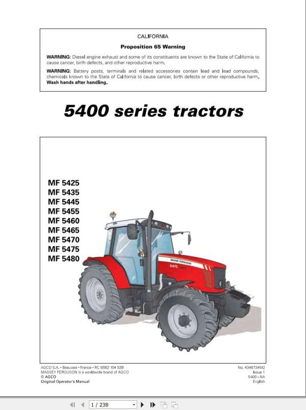Massey Ferguson Tractor MF5425 to MF5480 Operator Manual 4346734M2 1