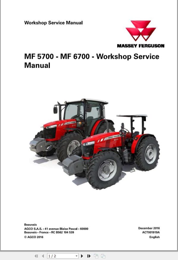 Massey Ferguson Tractor MF5700 MF6700 Workshop Service Manual ACT001919A 1