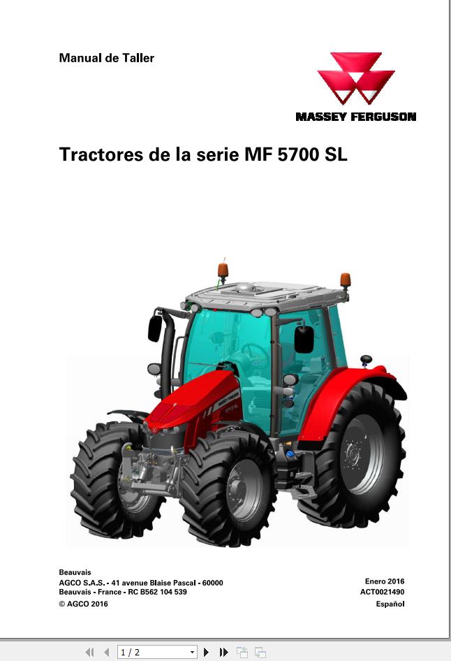 Massey Ferguson Tractor MF5700SL Series Workshop Manual ACT0021490 ES 1