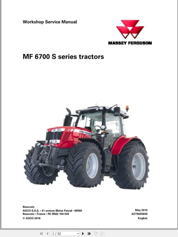 Massey Ferguson Tractor MF6700S Series Workshop Service Manual ACT0025630 1