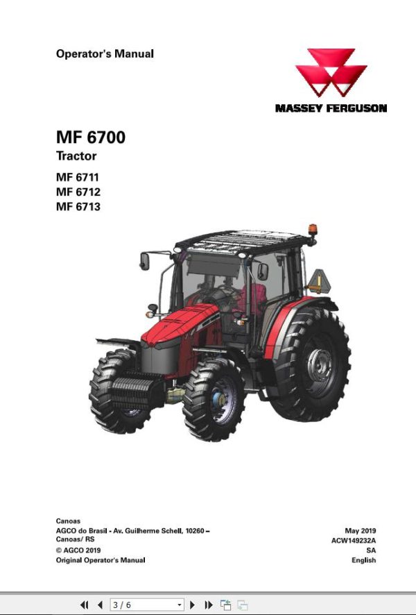 Massey Ferguson Tractor MF6711 MF6712 MF6713 Operator Manual ACW149232A 1