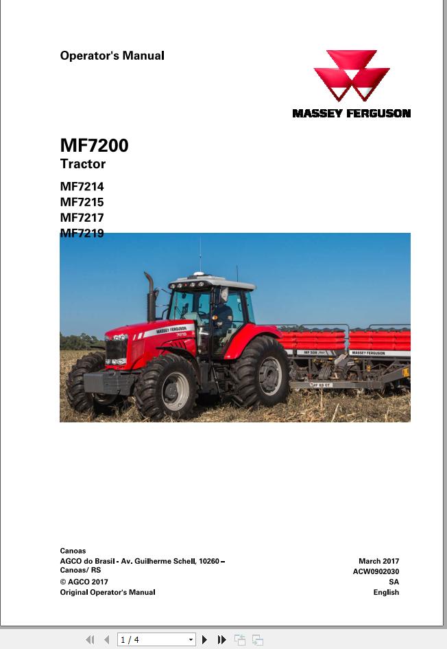 Massey Ferguson Tractor MF7214 MF7215 MF7217 MF7219 Operator Manual ACW0902030 1