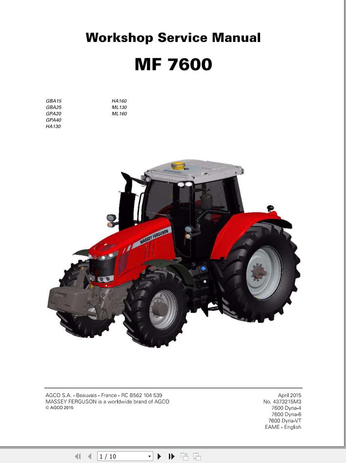 Massey Ferguson Tractor MF7600 Series Workshop Service Manual 4373215M3 1