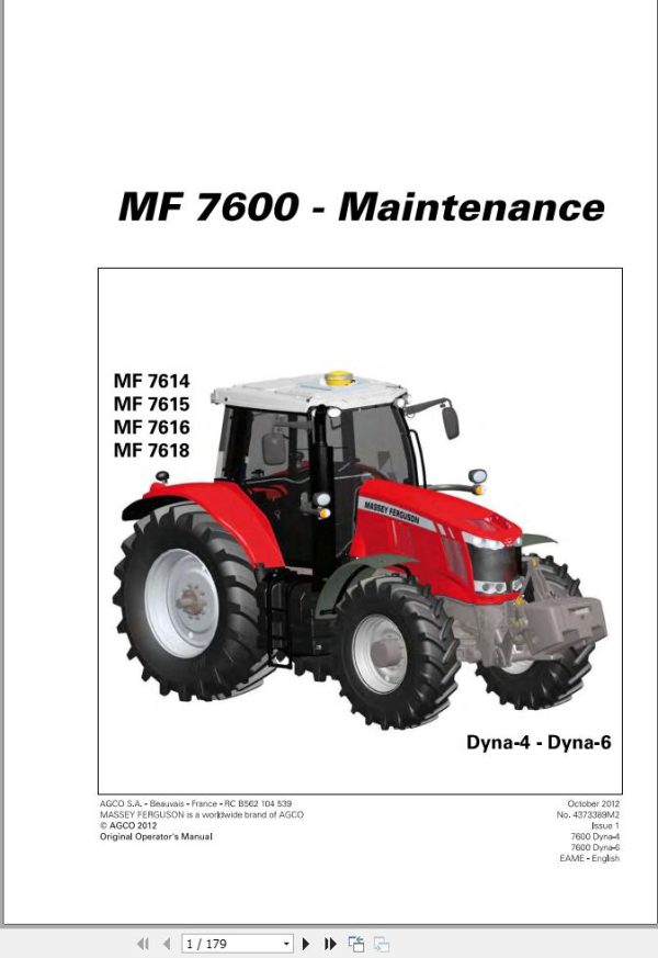 Massey Ferguson Tractor MF7614 MF7615 MF7616 MF7618 Maintenance Manual 4373389M2 1