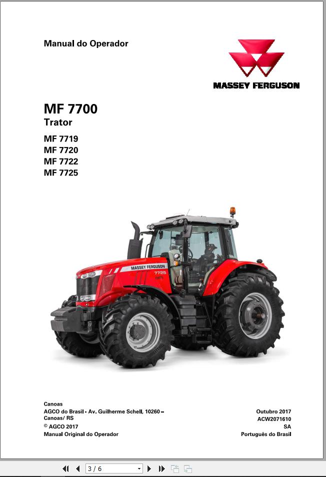 Massey Ferguson Tractor MF7700 Series Operator Manual ACW2071610 PT 1