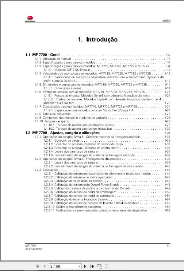 Massey Ferguson Tractor MF7700 Series Workshop Manual ACW3629800 PT 1