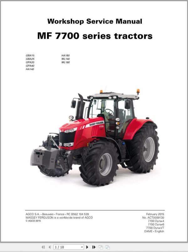 Massey Ferguson Tractor MF7700 Series Workshop Service Manual ACT0009130 1
