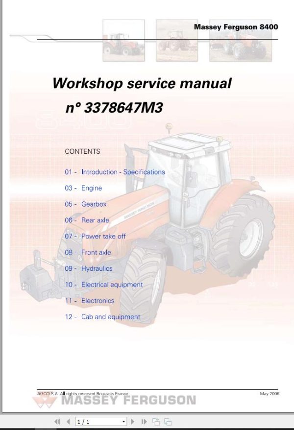 Massey Ferguson Tractor MF8400 Series Workshop Service Manual 3378647M3 1