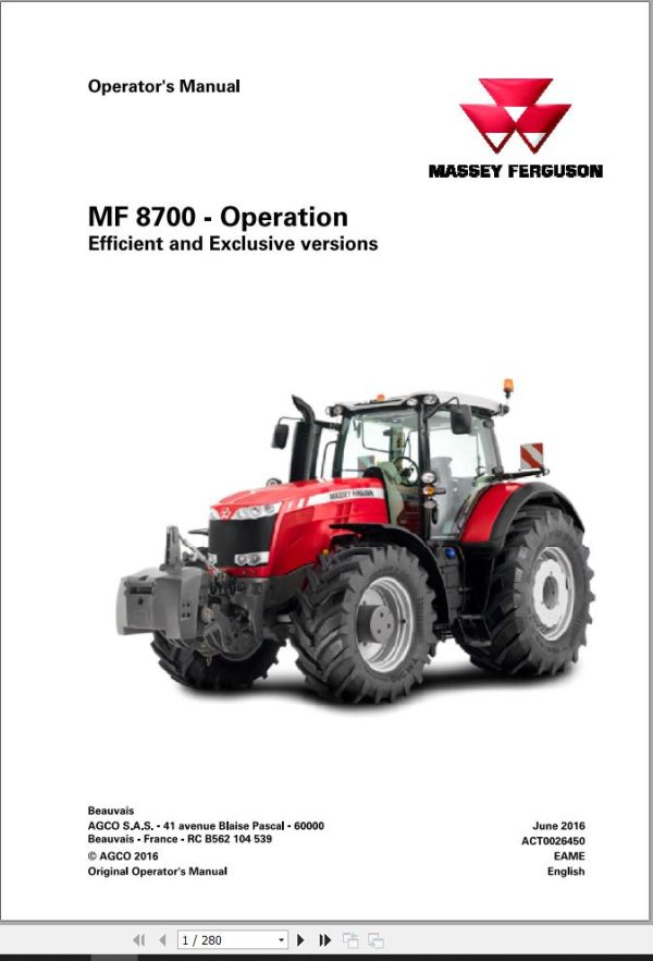 Massey Ferguson Tractor MF8700 Operation Manual ACT0026450 1