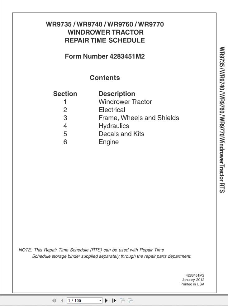 Massey Ferguson WR9735 WR9740 WR9760 WR9770 Repair Time Schedule 4283451M2 1