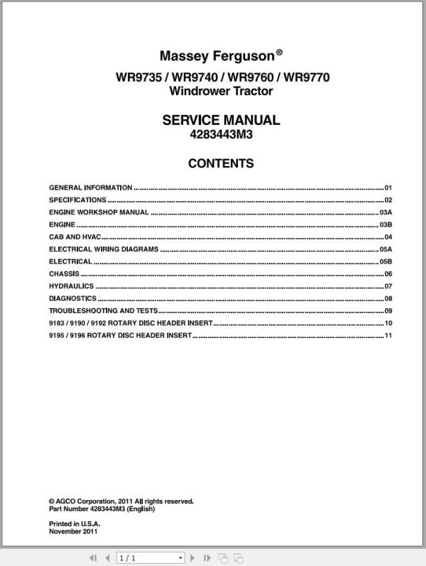 Massey Ferguson WR9735 WR9740 WR9760 WR9770 Service Manual 4283443M3 1