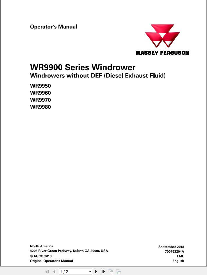 Massey Ferguson WR9950 WR9960 WR9970 WR9980 Operator Manual 700753204A 1
