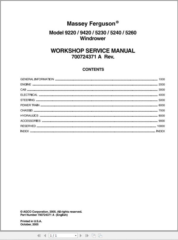 Massey Ferguson Windrower 9220 to 5260 Workshop Service Manual 700724371A 1