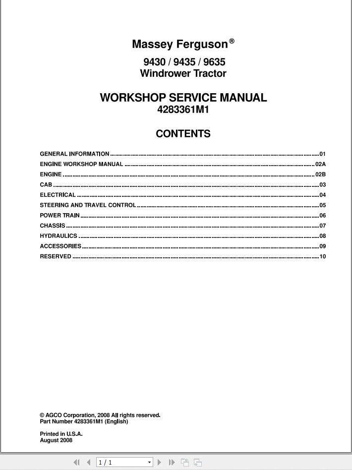 Massey Ferguson Windrower Tractor 9430 9435 9635 Workshop Service Manual 4283361M1 1