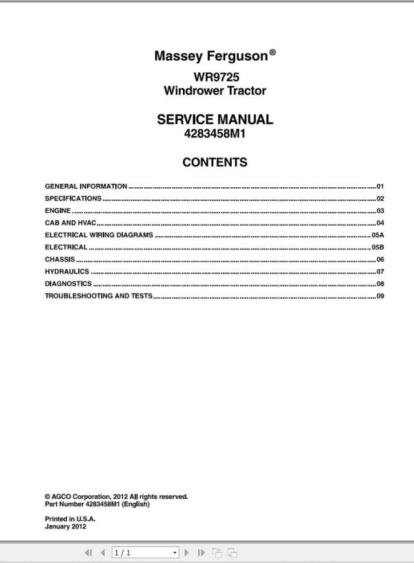 Massey Ferguson Windrower Tractor WR9725 Service Manual 4283458M1 1