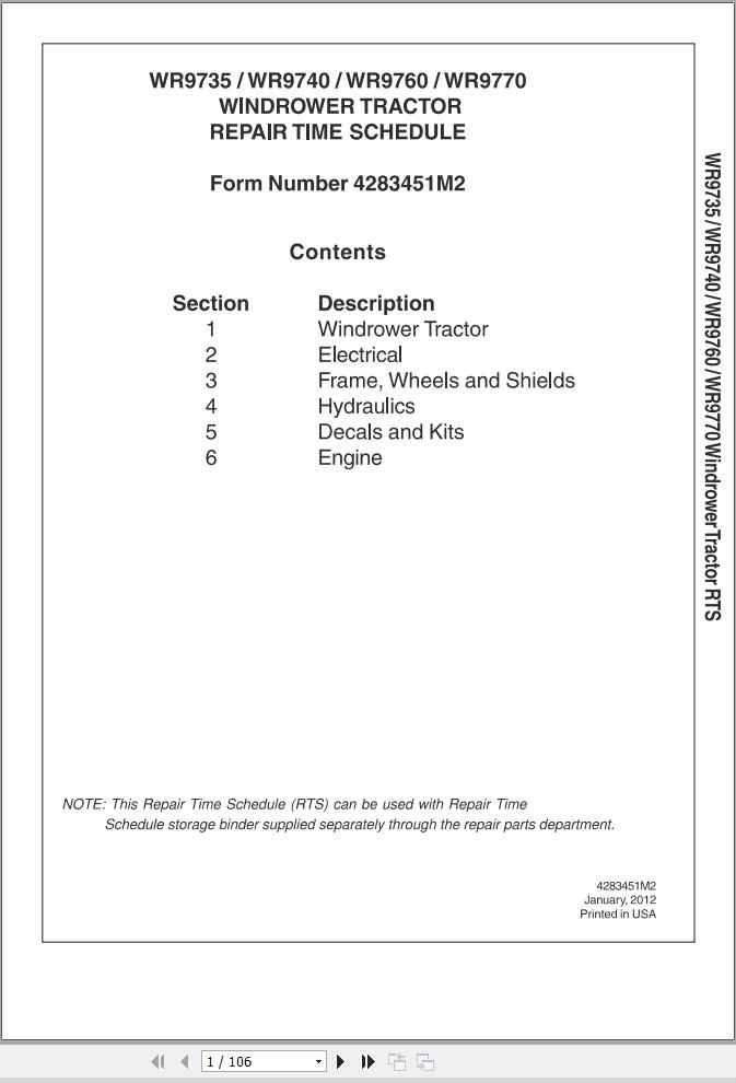 Massey Ferguson Windrower Tractor WR9735 to WR9770 Repair Time Schedule 4283451M2 1