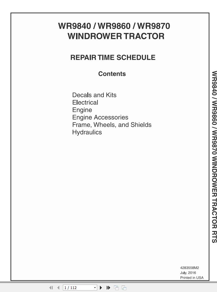 Massey Ferguson Windrower WR9840 WR9860 WR9870 Repair Time Schedule 4283558M2 1