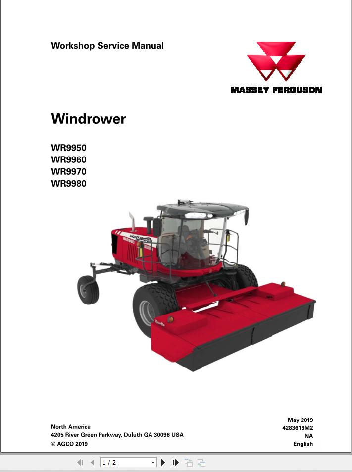 Massey Ferguson Windrower WR9950 to WR9980 Workshop Service Manual 4283616M2 1