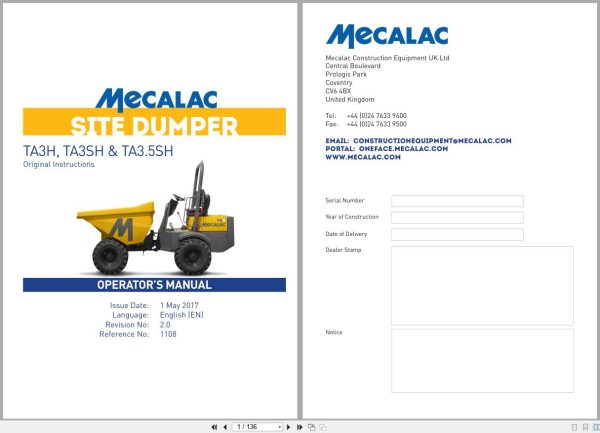 Mecalac Site Dumper TA3H TA3SH TA3.5SH Operators Manual 1