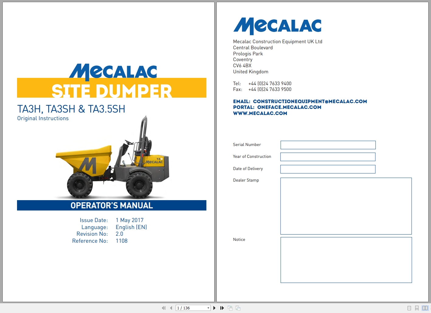 Mecalac Site Dumper TA3H TA3SH TA3.5SH Original Instructions 1108 2017 1