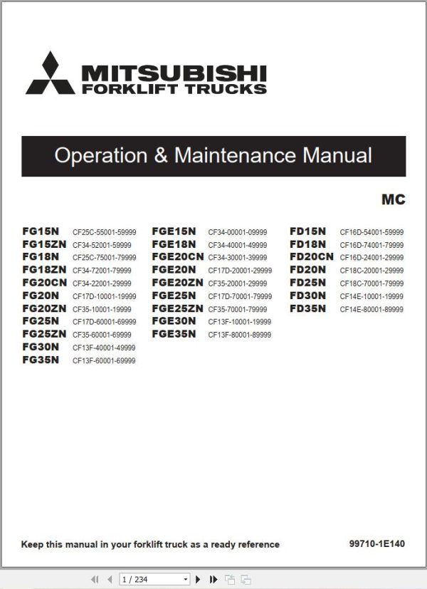 Mitsubishi Forklift FD20NT FD25NT FD30NT Service Operation Manual 1