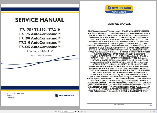 New Holland Tractor T7.175 T7.190 T7.210 T7.225 Stage V Service Manual 92091368 1